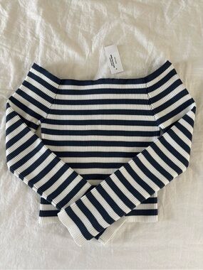 Tilly's Navy and White Striped Off-Shoulder Ribbed Top